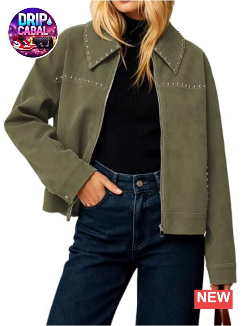 Faux Suede Studded Cropped Zip Up Bomber Jacket Long Sleeve Casual